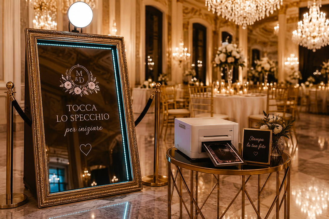 Il nostro Magic Mirror è molto più di un photobooth. È uno specchio elegante e interattivo che cattura la gioia del momento e la stampa all'istante. Un souvenir raffinato che i vostri ospiti porteranno a casa come ricordo unico del vostro giorno speciale.